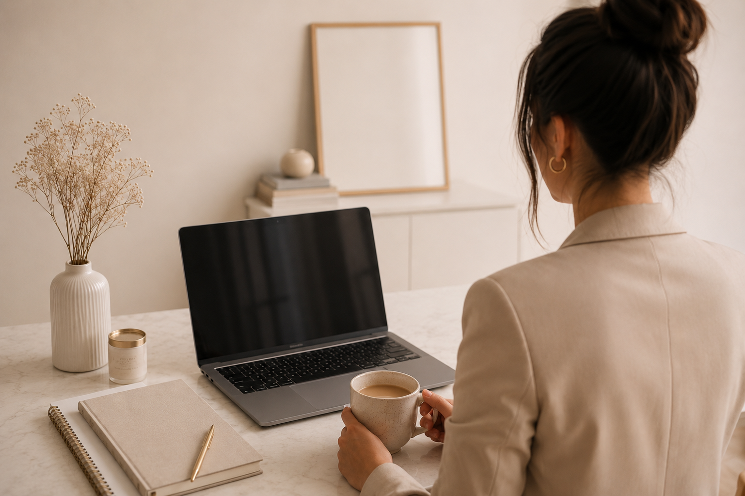 Mulher em ambiente minimalista com notebook, caderno e café — Entrelinhas